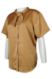 R309 來樣訂做恤衫 女裝 短袖 淨色 綁帶領 金色 頸巾 設計款 恤衫專門店